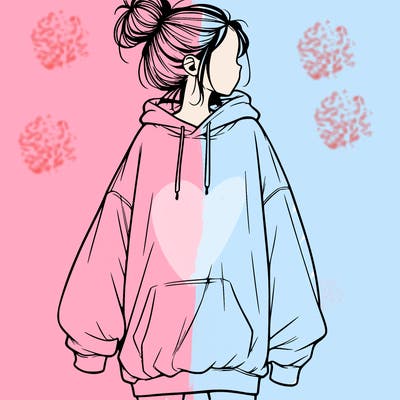 realistic girl with a oversized sweatshirt on and a bun