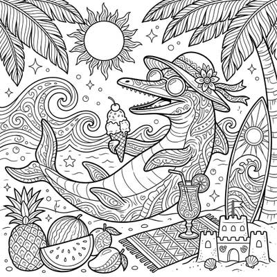 Embark on a unique prehistoric summer adventure with our Besanosaurus coloring page! This delightful scene captures a friendly ichthyosaur enjoying a vibrant beach day, complete with ice cream and tropical treats.
