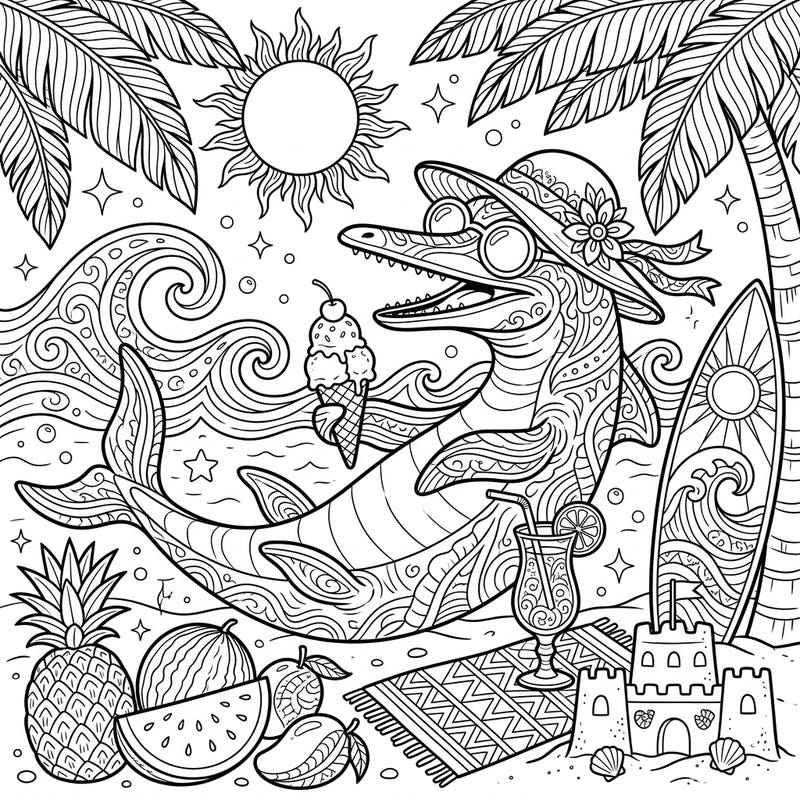 Embark on a unique prehistoric summer adventure with our Besanosaurus coloring page! This delightful scene captures a friendly ichthyosaur enjoying a vibrant beach day, complete with ice cream and tropical treats.