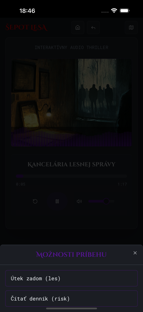 Šepot lesa - Gameplay screen of Whisper of the Forest audio thriller showing a choice menu over eerie dark office artwork