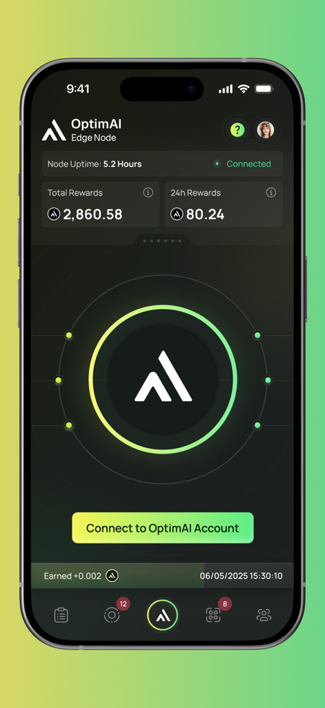 OptimAI Edge Node - OptimAI Edge Nodeアプリのホーム画面。ノードの稼働時間と獲得した報酬が表示されます。