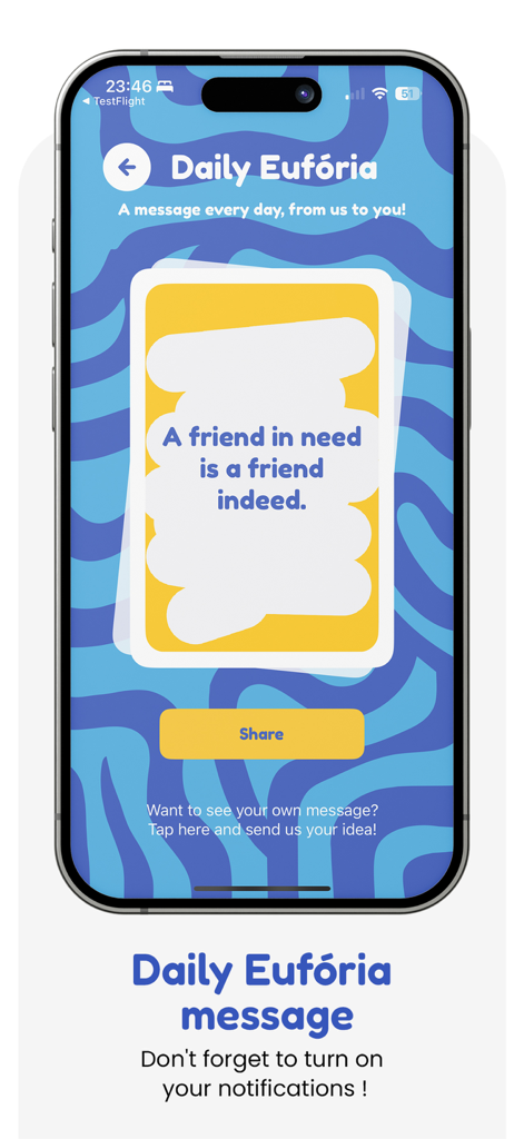 Eufória - The Party Game - Smartphone mit einer täglichen Zitatkarte innerhalb der Euforia Partygame App