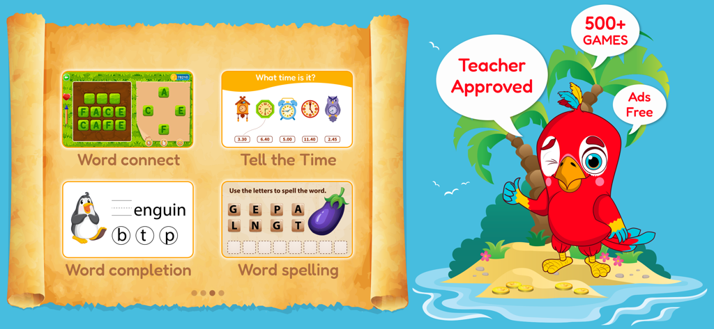 Voca Tooki - Learn English - Educational word and time games preview from Voca Tooki app with teacher approved badge