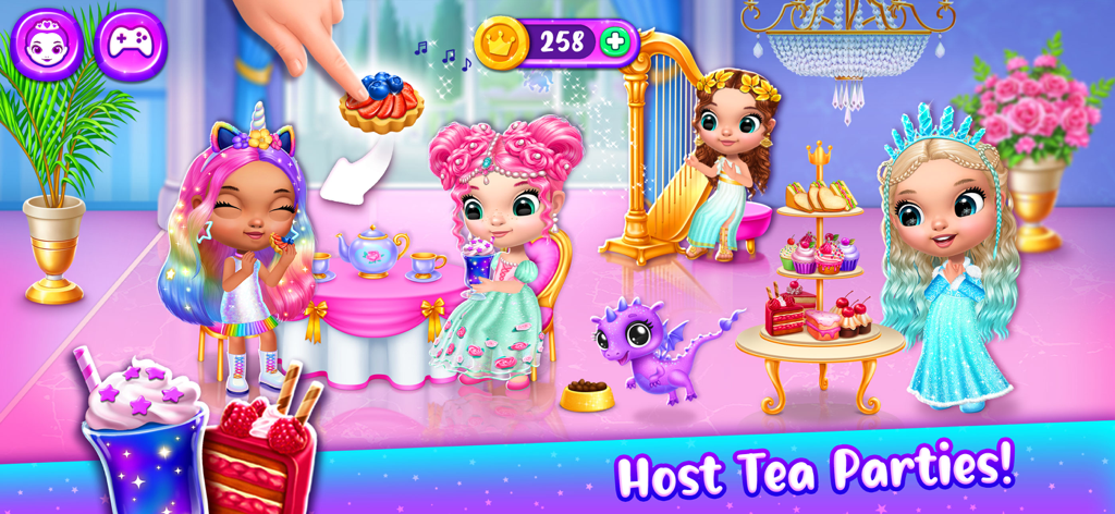 Cuatro muñecas de princesas y un dragón morado organizando una fiesta de té con golosinas en un castillo encantado.