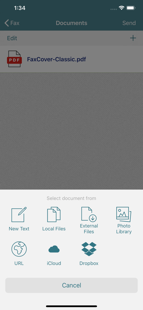 Interface mostrando opções para selecionar documentos do iCloud, Dropbox e arquivos locais no aplicativo PC-FAX