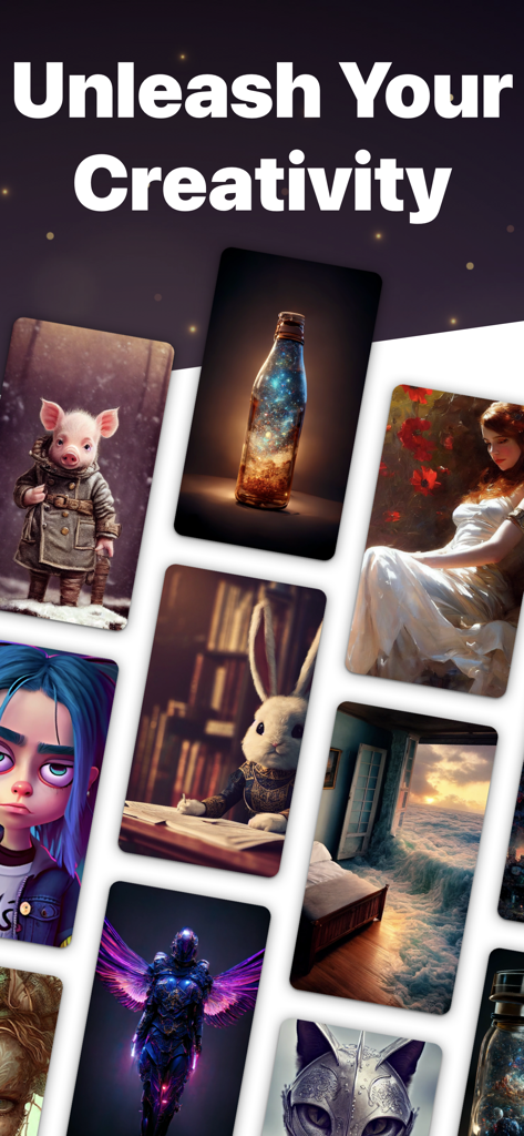 AI Photo Generator & Maker - Unleash Your Creativityというテキストの下に、銀河のボトル、図書館のウサギ、ファンタジーポートレートなど、多様なAI生成アートのコラージュ。