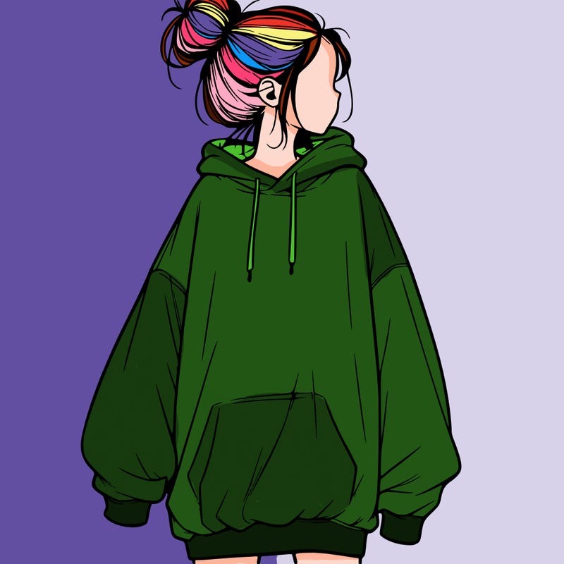 realistic girl with a oversized sweatshirt on and a bun