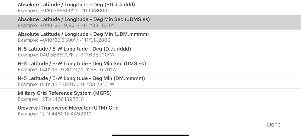 Theodolite - List of geographic coordinate system options in the Theodolite app including MGRS and UTM