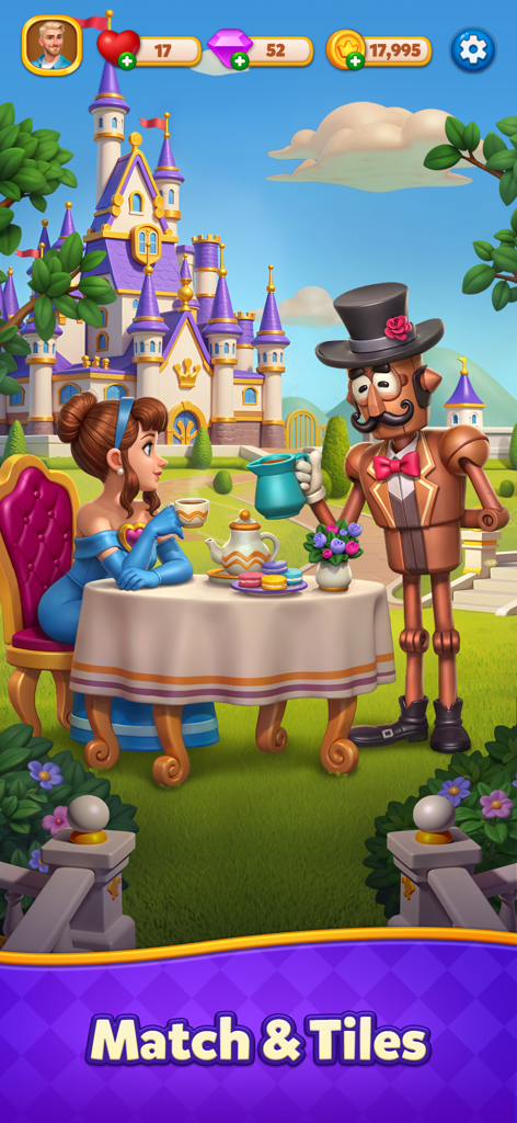 Merge Tile: Match & Merge - A woman having tea with a robot servant in front of a magical castle