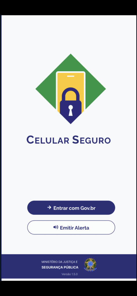 Celular Seguro BR - Home screen of Celular Seguro BR app featuring login and alert buttons
