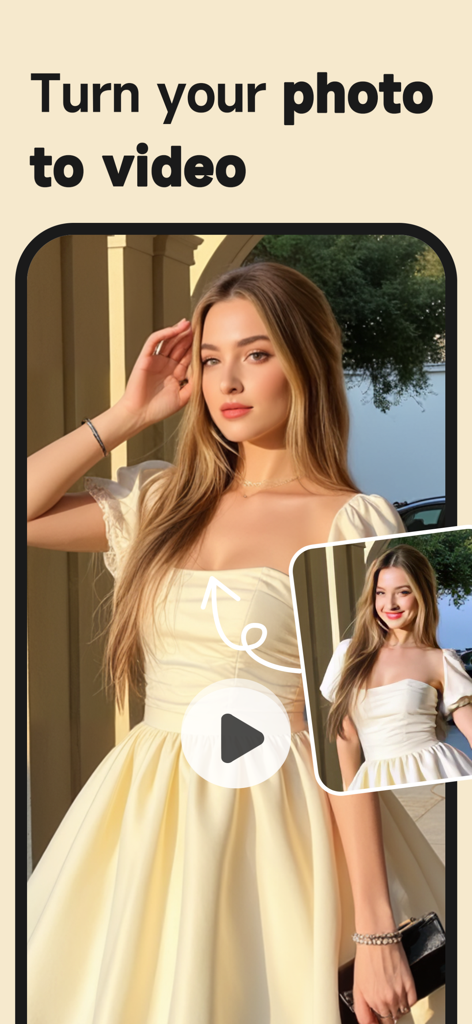 KaCha: AI Video Generator - Interface do app KaCha mostrando o recurso de foto para vídeo com uma jovem em um vestido amarelo
