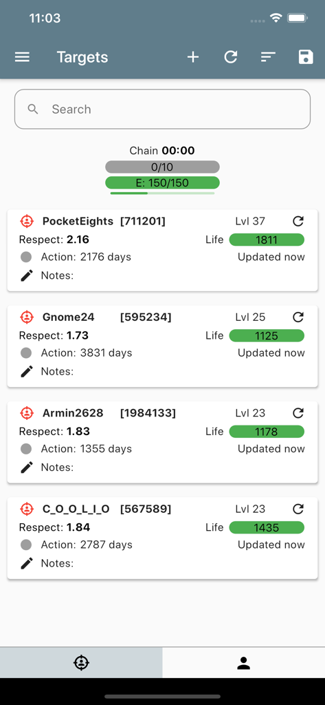Torn PDA - Target list interface in the Torn PDA app showing player levels and stats for chaining