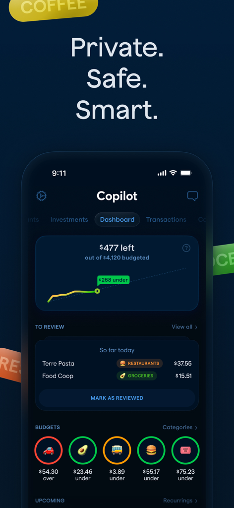 Copilot app dashboard showing spending insights and budget categories on an iPhone in dark mode