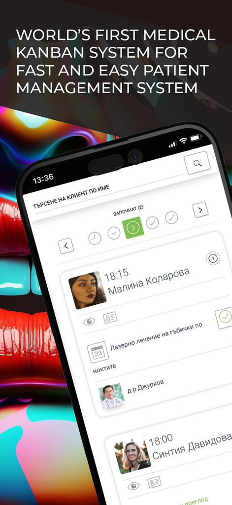 Fashion Point Premium CRM&ERP - Interfaz del CRM Fashion Point que muestra un sistema Kanban médico para la gestión de pacientes en un smartphone