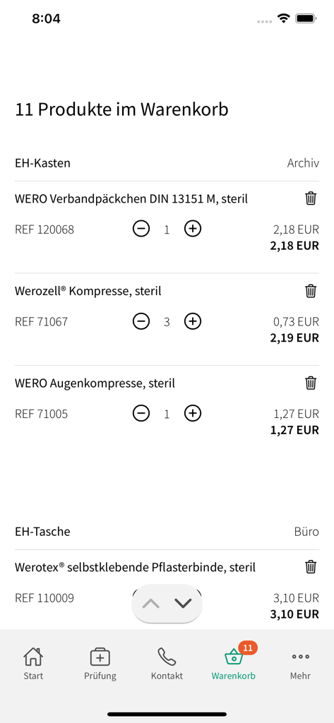 WERO mobile app shopping cart screen displaying various first aid supplies and prices