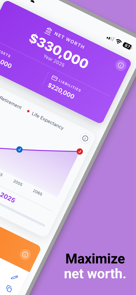Saveplan - 순자산 요약 및 장기 재정 성장 예측 차트를 표시하는 Saveplan 앱 인터페이스