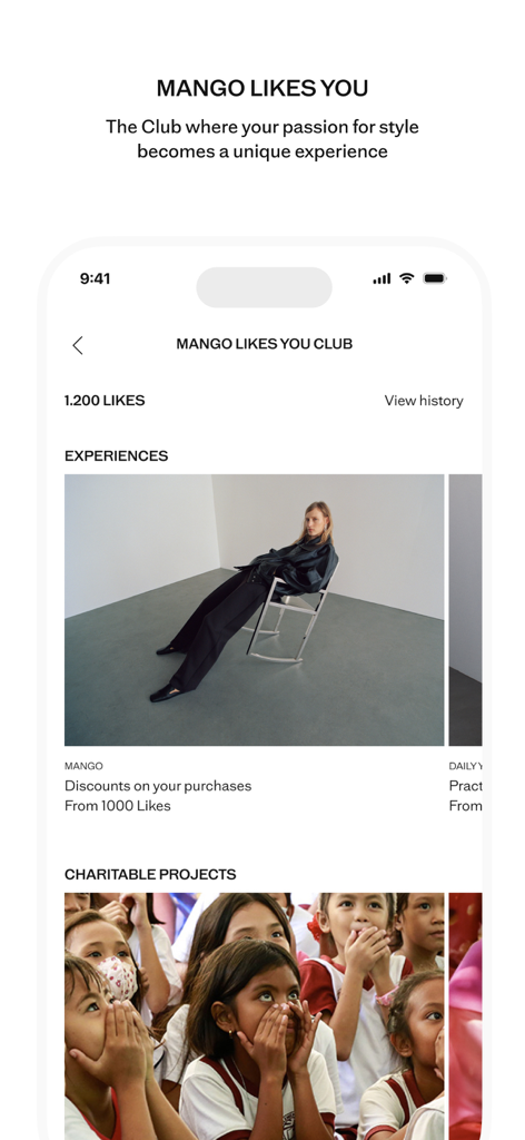 Mango Likes You Treueprogramm-Bildschirm in der Mango Mode-App, der Prämien und gemeinnützige Projekte zeigt