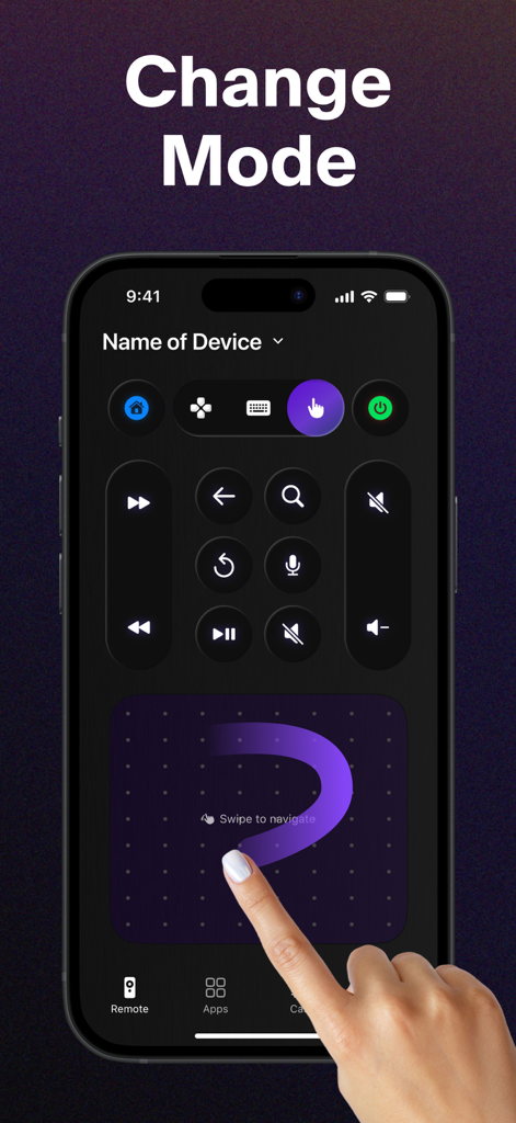 Pantalla de iPhone mostrando una aplicación de control remoto universal para TV con una mano utilizando la navegación deslizante del panel táctil