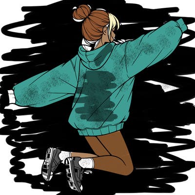 realistic girl jumping with a bun and oversized sweatshirt
