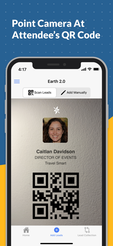 Lead Capture by EventMobi - Interfaz de Captura de Leads de EventMobi escaneando el código QR de una credencial de asistente