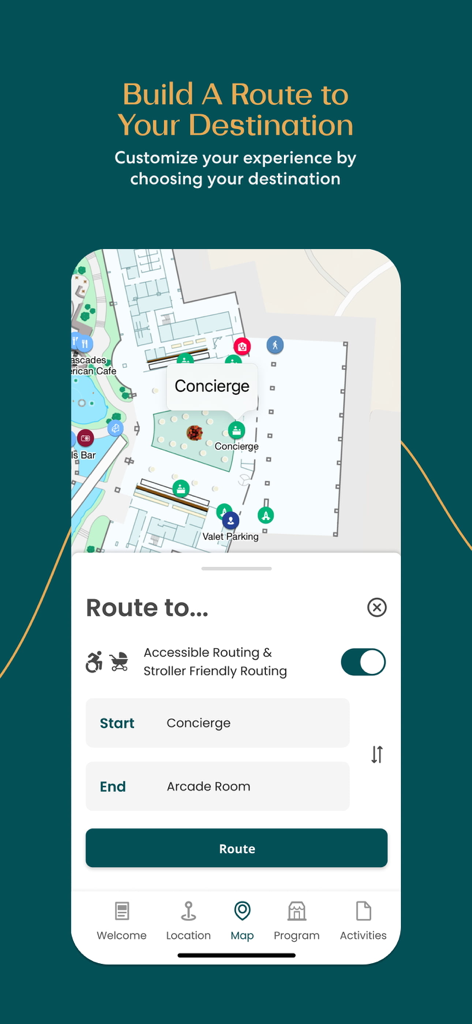 Interface of the Gaylord Hotels app showing a resort map and route planning tool with accessible and stroller friendly routing options