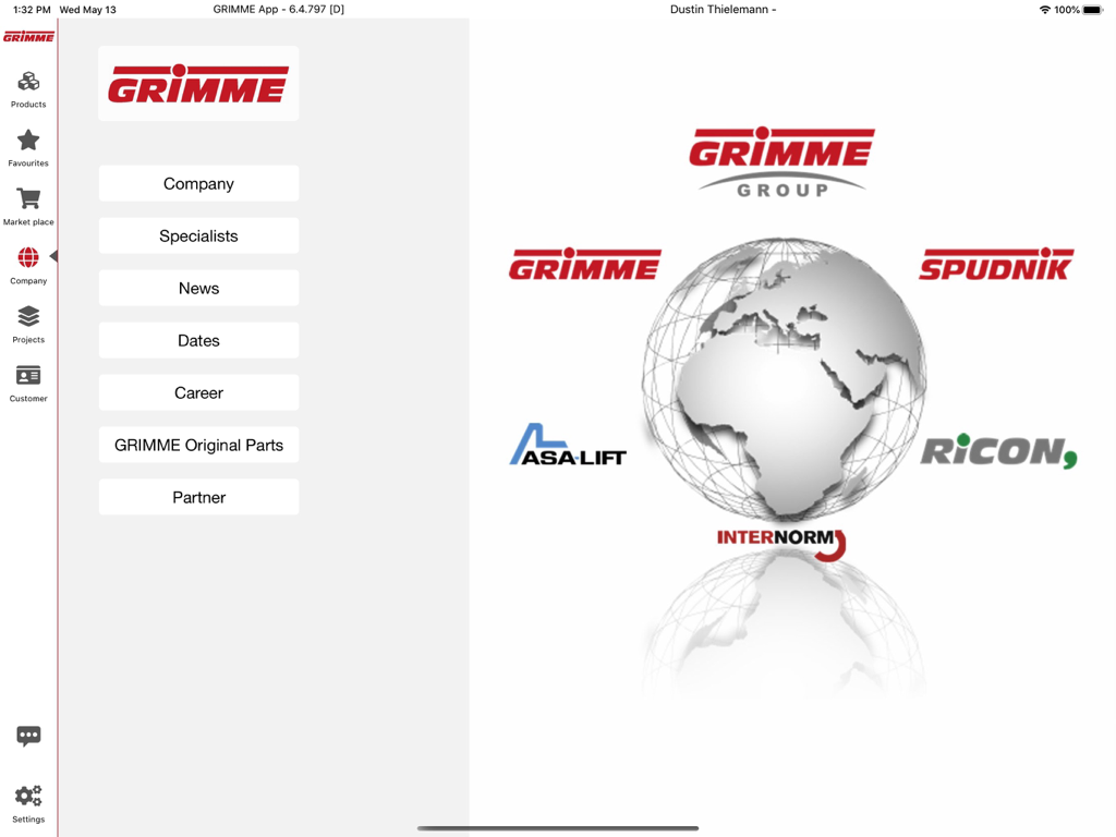 GRIMME - The company information screen of the GRIMME app displaying various group brand logos and menu options.