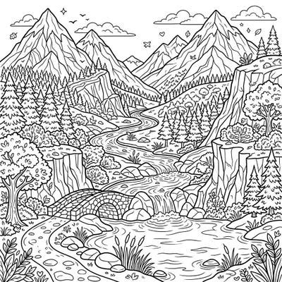 Explore a breathtaking natural landscape with this intricate coloring template. Depicting towering mountains, a flowing river, and lush forests, it offers a serene escape for all ages.
