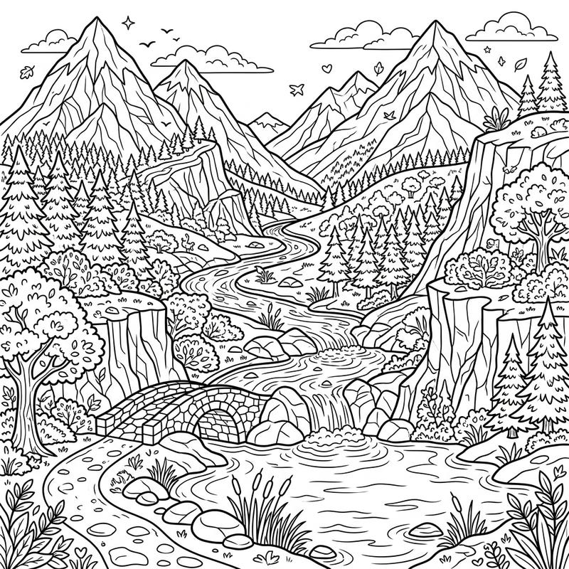 Explore a breathtaking natural landscape with this intricate coloring template. Depicting towering mountains, a flowing river, and lush forests, it offers a serene escape for all ages.