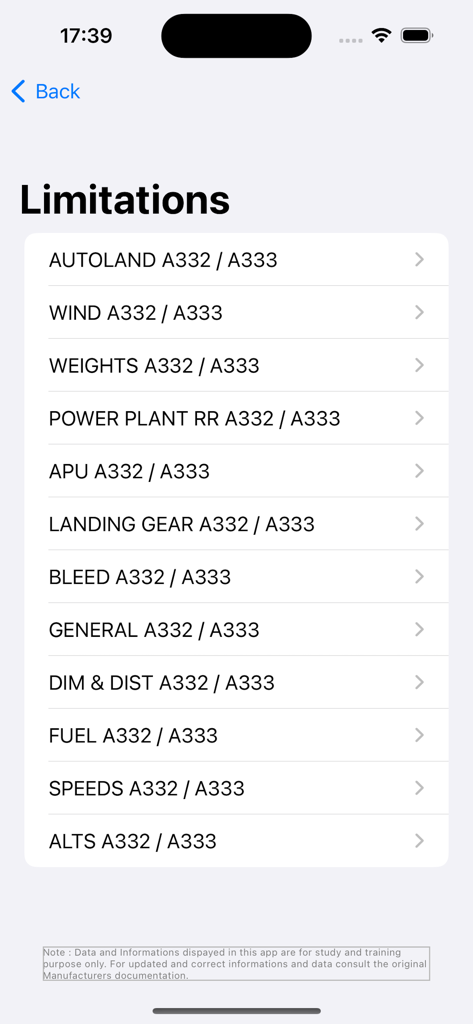 A330Cockpit - Screen showing technical limitations categories for the Airbus A330 in the A330Cockpit app
