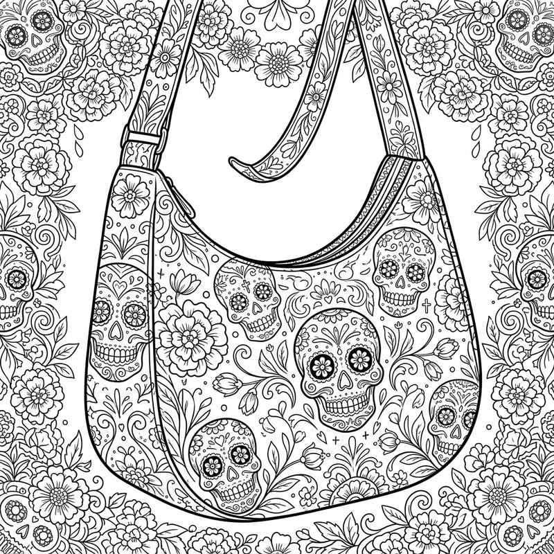 Dive into the vibrant world of Dia de los Muertos with this unique hobo bag coloring page. Adorned with sugar skulls and marigolds, it offers a beautifully detailed design for a relaxing creative escape.