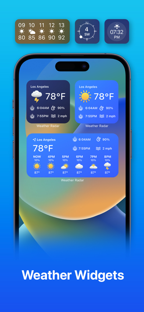 Pantalla de inicio del iPhone que muestra varios widgets meteorológicos con temperatura, velocidad del viento y pronósticos horarios