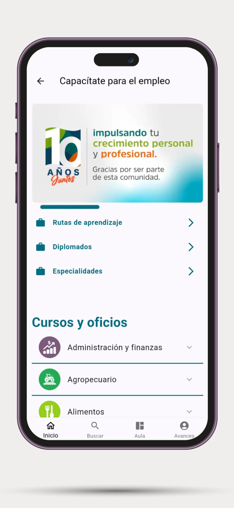 Aprende - Aprende app interface featuring free vocational courses and job training.