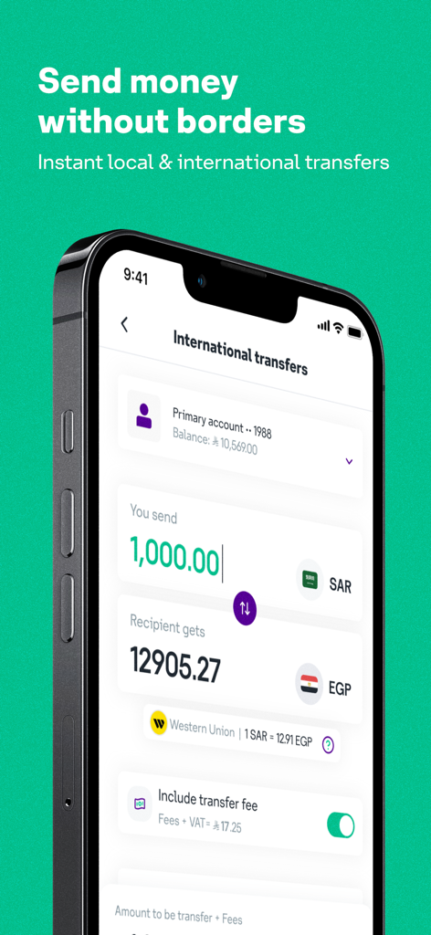 STC Bank mobile App-Oberfläche, die eine internationale Geldüberweisung von Saudi-Riyal in Ägyptische Pfund zeigt