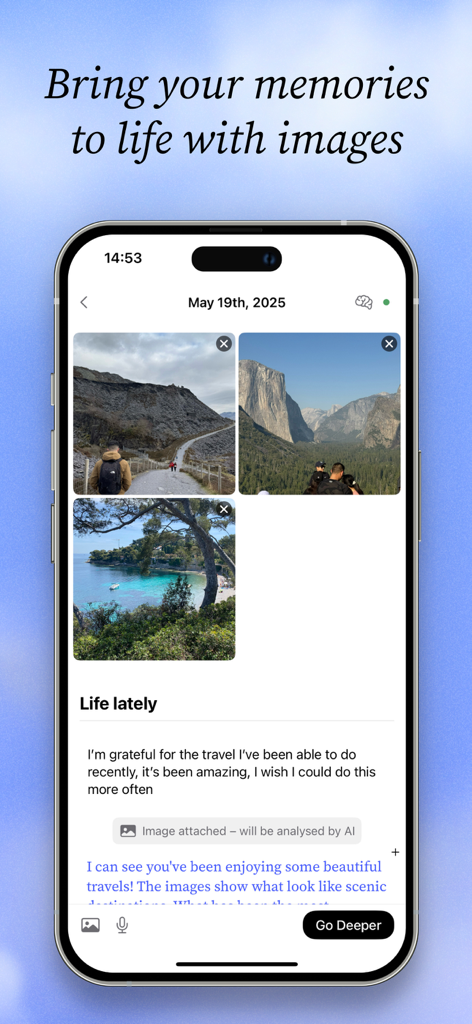 Entries: AI Journal & Diary - Entries AI Journal app interface showing a travel diary entry with photos and AI analysis.