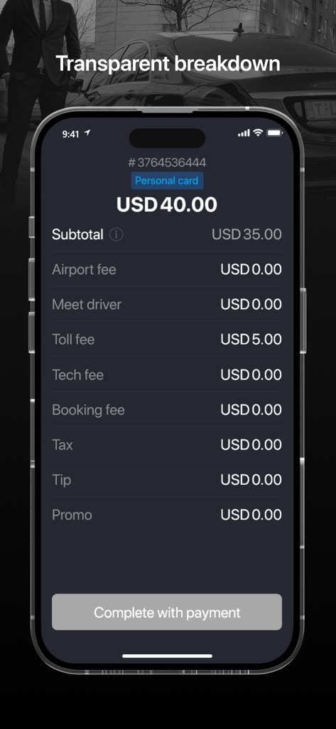LIMO - Driver App - Transparent fare breakdown screen in the LIMO Driver app showing a total of 40 dollars including toll fees