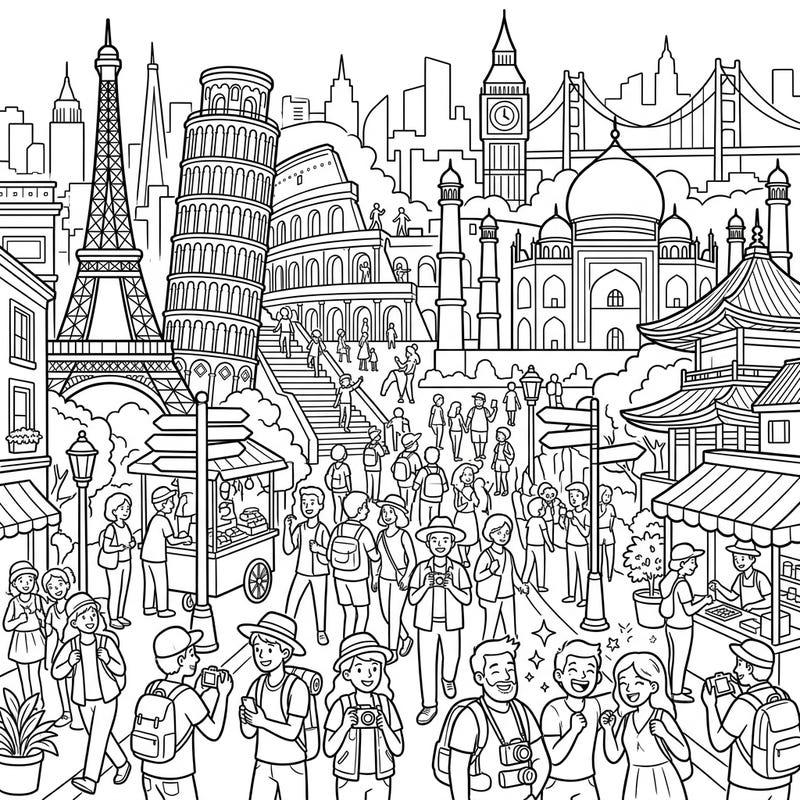 Embark on an incredible global adventure with this vibrant coloring page featuring a bustling scene of tourists amidst iconic world landmarks. From Paris to Tokyo, discover the joy of bringing these famous destinations to life with your favorite colors.