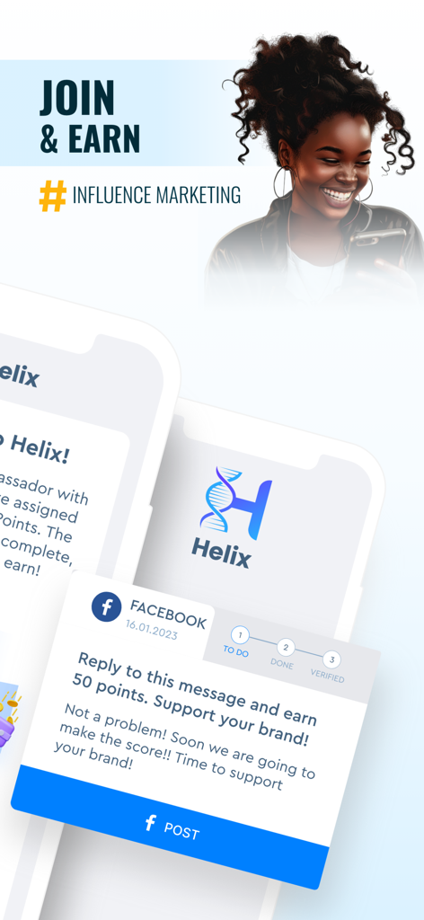 Helix Connect - Helix Connect app interface for influence marketing rewards and joining to earn
