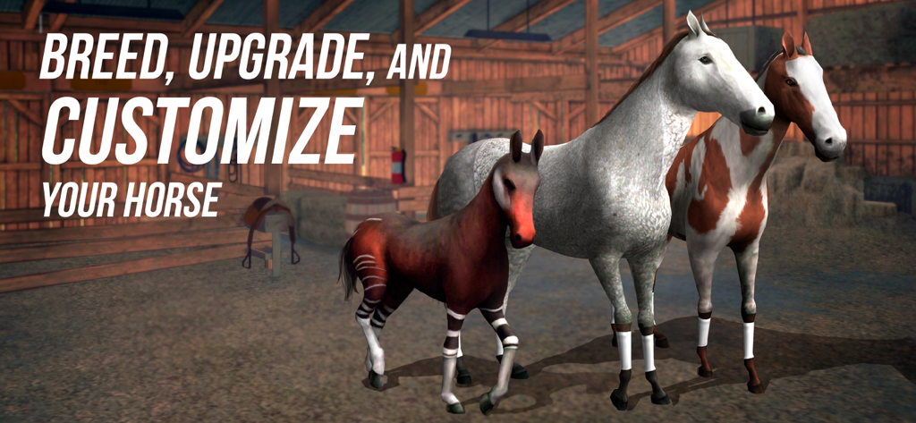 Photo Finish Horse Racing - Three horses with different patterns in a stable with text about breeding and customization