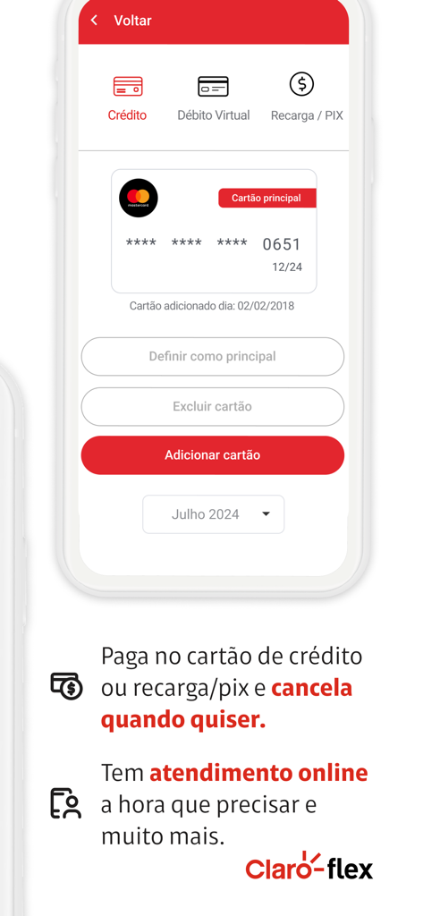 Claro flex - Claro flexアプリの支払い方法とカード管理を表示するインターフェース