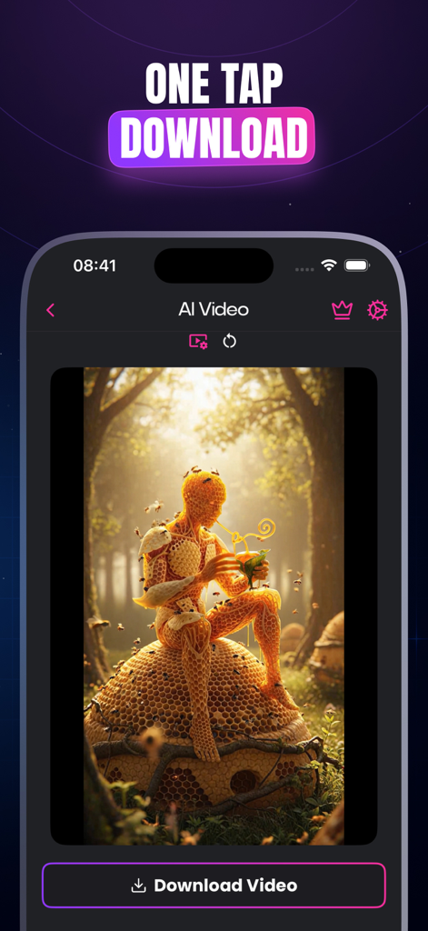 AIVidly - AI Video Maker - Smartphone-Bildschirm, der die One-Tap-Download-Funktion für KI-Videos in der AIVidly-App anzeigt.