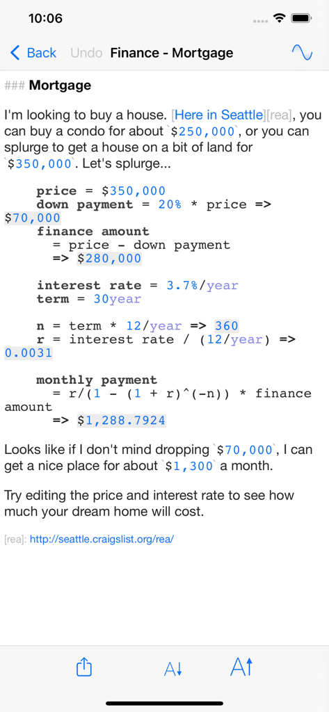 Calca - A mortgage calculation example in the Calca app showing variables and formulas integrated into a text document