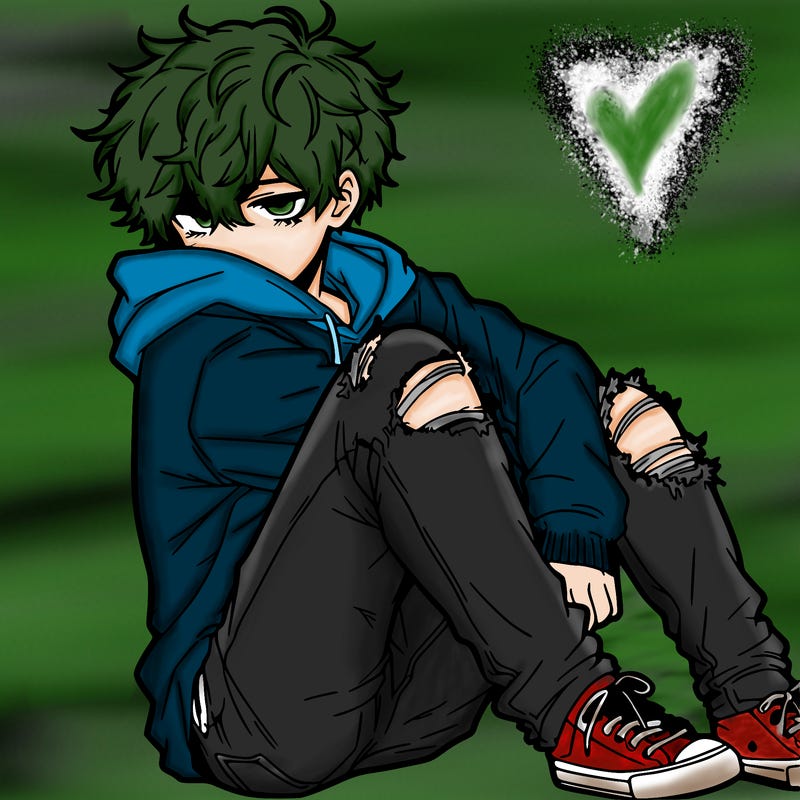 a male hoddie ripped jeans messy hair anime