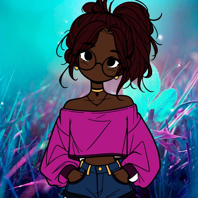 girl with a messy ponytail glasses a baggy crop top and jean shorts