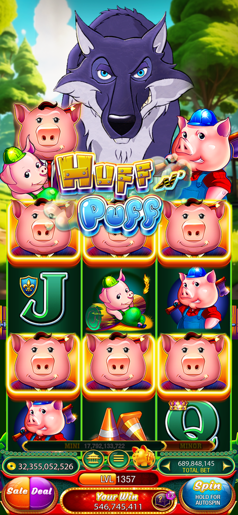Gameplay of the Huff n Puff slot machine within 88 Fortunes Slots featuring the three little pigs and big bad wolf.