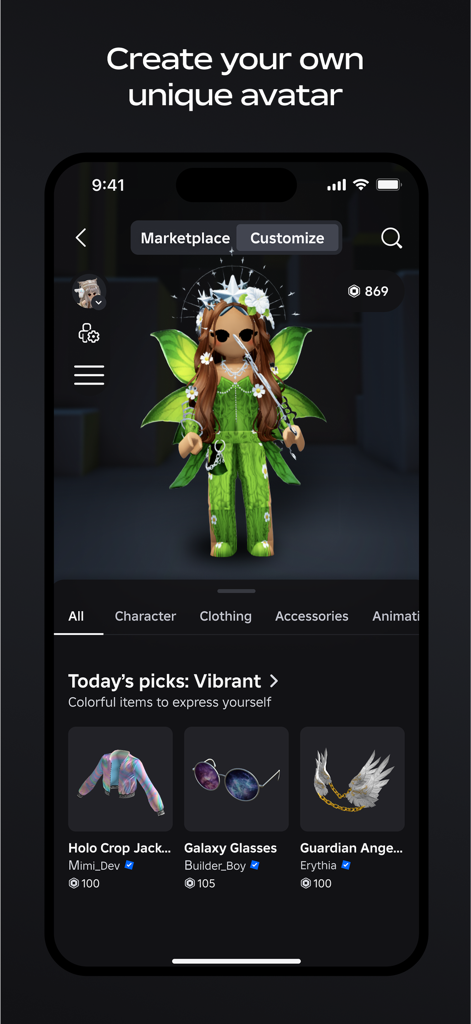 Roblox - Roblox mobile app screen showing a customized fairy avatar and marketplace items like galaxy glasses and angel wings.