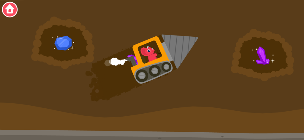 Un dinosauro rosa dei cartoni animati che guida una trivella gialla sottoterra verso gemme luminose