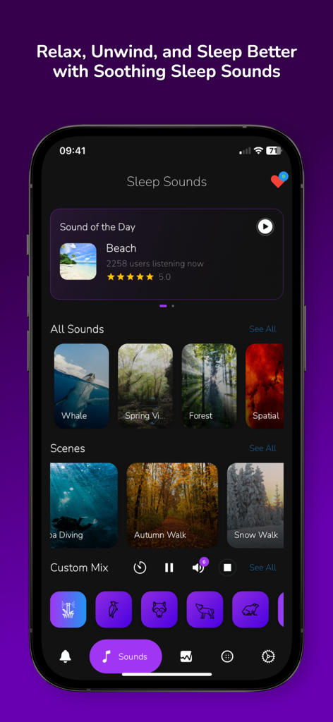 Sleep Sounds • Alarm & Tracker - Pantalla de iPhone mostrando la biblioteca de sonidos para dormir de la aplicación Slumberspace con categorías de sonidos de la naturaleza y opciones de mezcla personalizadas