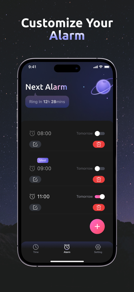 Pantalla de la aplicación Nowmusi que muestra una lista de alarmas programadas con un tema cósmico