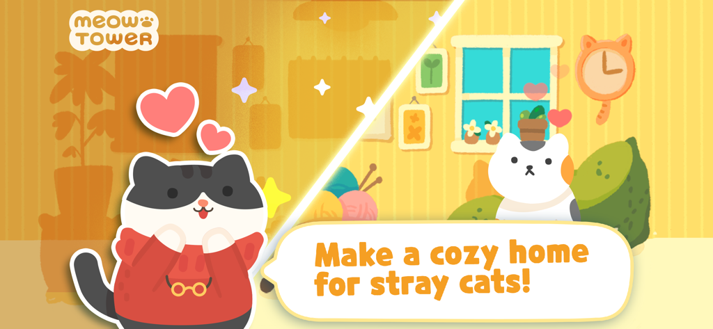 Meow Tower - Nonogram Puzzle - Two cute cartoon cats in a warm cozy room with the text make a cozy home for stray cats from the Meow Tower app