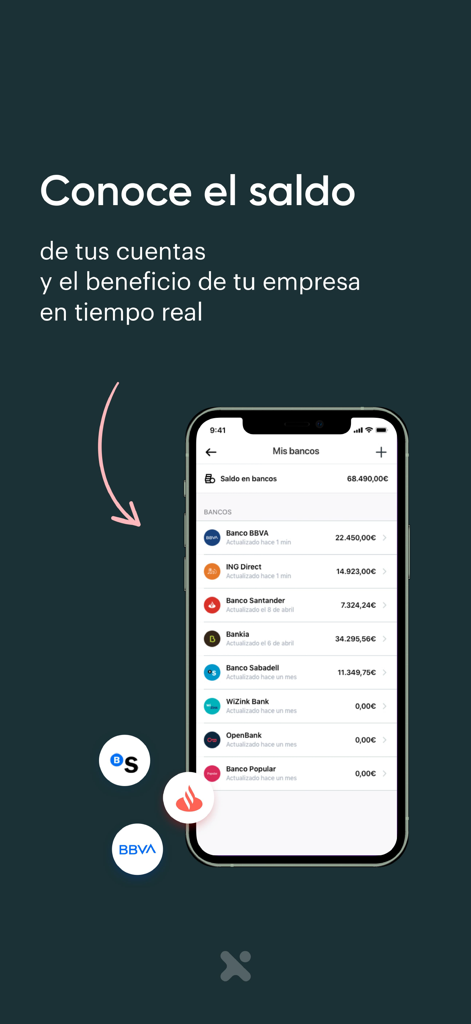 Pantalla de la aplicación móvil Anfix que muestra una lista de cuentas bancarias conectadas con seguimiento de saldos en tiempo real.
